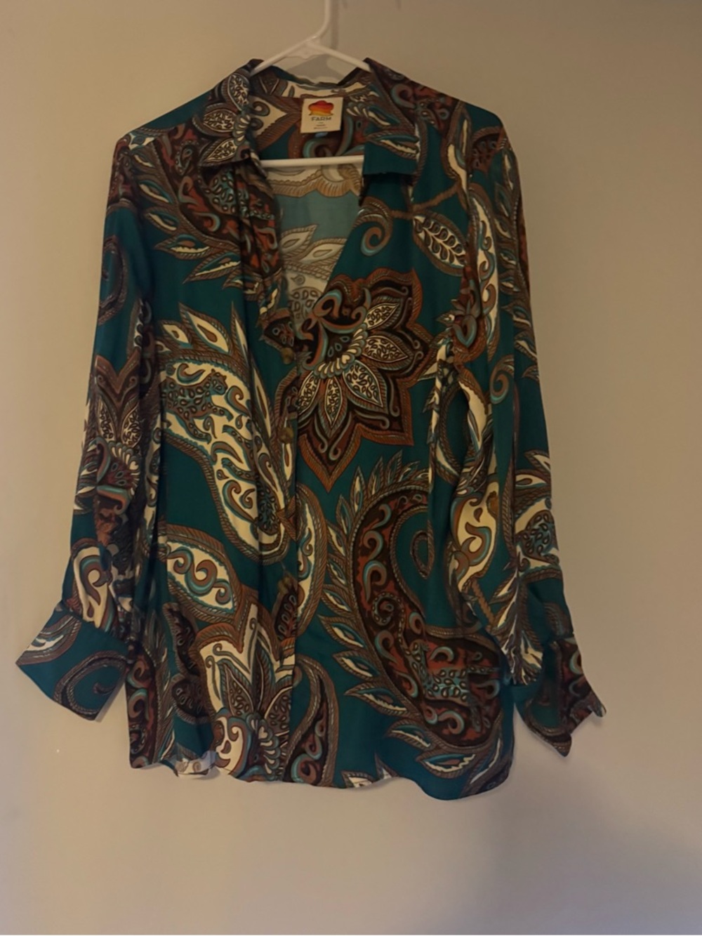 FARM Rio Teal Paisley Button-Down Silky Blouse